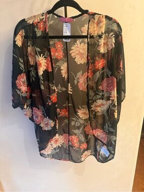 Misty Rose Black Sheer Floral Kimono with Coral & Cream Blooms